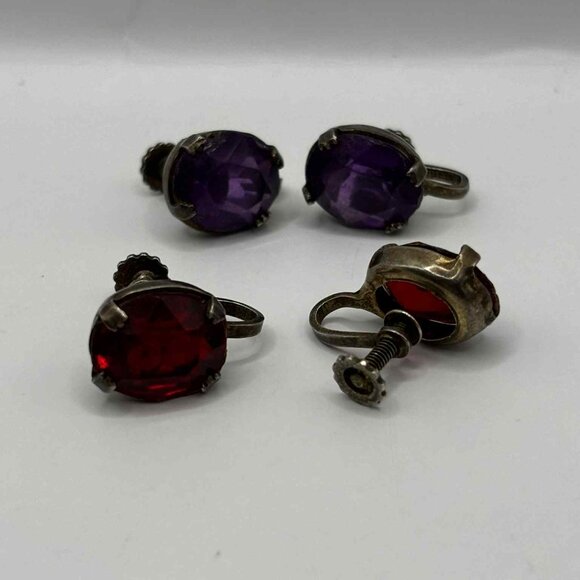 Vintage Earrings - Screw on back - Set of Two - Amethyst and Red - Picture 3 of 3
